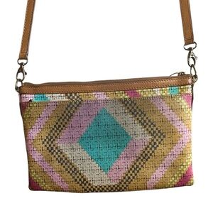 Fossil Sydney Top Zip Crossbody bright colorful  weave Cowhide trim Bag.
